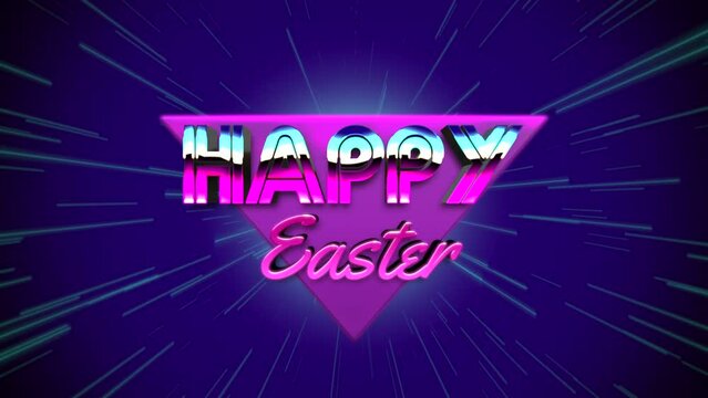 Happy Easter with retro triangle and lines in 80s style, motion holidays and club style background