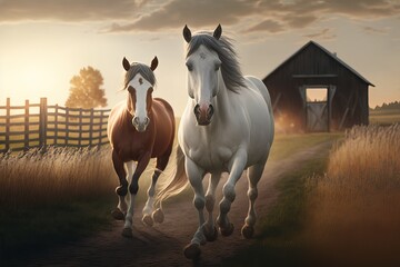 Fototapeta premium Realistic photography of a group of black horse running&nbsp;over a field. Generative Ai.