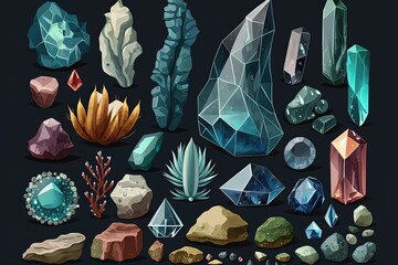 A set of cartoon crystals with various shapes and colors evokes a playful and fun design, perfect for fantasy and magic-themed concepts. AI