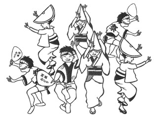 版画風、たくさんの人が踊る阿波踊り