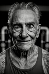 Black and White Photo of an Old Man at the Gym. Generative AI