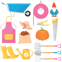 Vector cartoon set with garden objects and tools. The concept of caring for seedlings and vegetable garden. Farm work. Elements for your design.