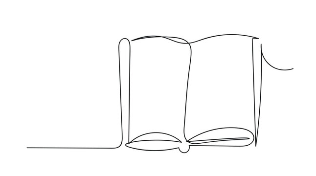 Single one line drawing of open text book for study. Back to school minimalist, education concept. Continuous simple line draw style design graphic vector illustration	