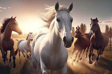 Realistic photography of a group of black horse running over a field. Generative Ai.