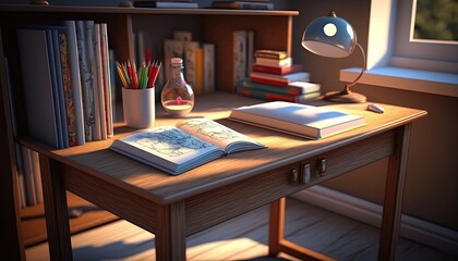 3D digital illustration of a study table, children's room, and a student's desk. Generative Ai.