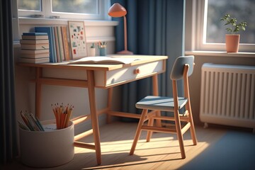 Fototapeta premium 3D digital illustration of a study table, children's room, and a student's desk. Generative Ai.