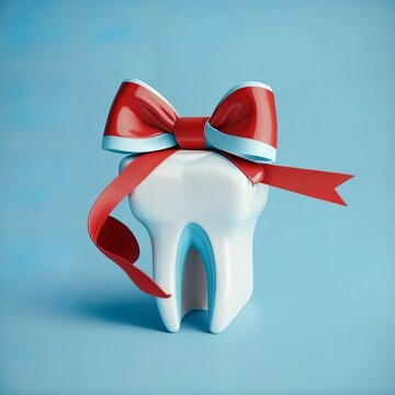 concept for a dental procedure. Free dental care is available. Close up of a white teeth model with a red bow ribbon over a blue background protect on the wall hung up pinned symbol Generative AI 