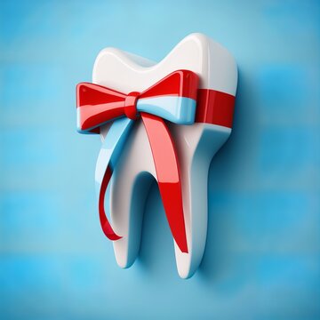 concept for a dental procedure. Free dental care is available. Close up of a white teeth model with a red bow ribbon over a blue background protect on the wall hung up pinned symbol Generative AI 