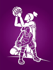 Basketball Team Women Players Action Cartoon Sport Team Graphic Vector