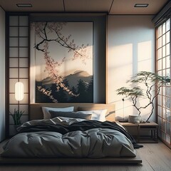 Modern peaceful Bedroom. japan style bedroom interior bright with dimly filtered light calm environment cherry tree plants bed livingroom comfortable windows Generative AI 