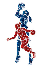 Obraz premium Basketball Team Women Players Action Cartoon Sport Team Graphic Vector