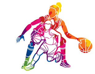 Basketball Team Women Players Action Cartoon Sport Team Graphic Vector
