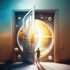 opening the door to succes abstract Futuristic science fiction concept of doorway illustration gateway new world shadow man boy fantasy dream ajar dimensio Generative AI 