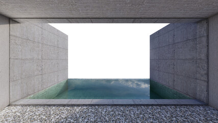 Private pool,view from room unit,bare cement style,backround view is forest. 3D illustration
