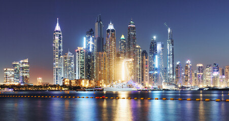 Dubai Marina skyline panorama at night, Unites Arab Emirates