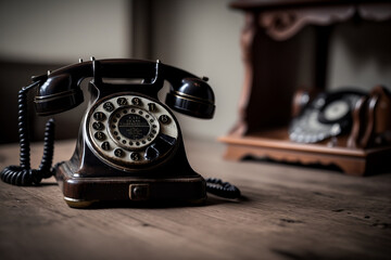 Black rotary phone with a white cord on a wooden table. The phone has a round dial and a few buttons on the base. The table has a vintage look, with visible wood grain and some scratches.
