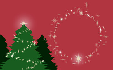 クリスマス☆イラスト素材 ツリー大とキラキラ星の丸フレーム 赤背景 色違い・差分有