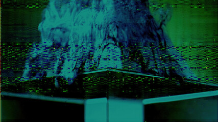 Glitch art. Analog distortion. Signal interference. Green blue color grain static noise texture on defocused glass pyramid abstract illustration background.