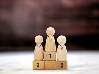 Achievement concept. Wooden podium 1, 2, 3, human standing on podium with ranking winner business...