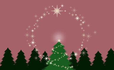 クリスマス☆イラスト素材 ツリーとキラキラ星の丸フレーム 煉瓦色背景 色違い・差分有