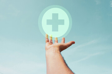 hand pointing at pharmacy icon, health insurance