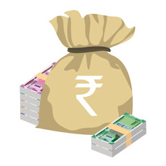 Indian Rupee Vector Illustration. India, Bhutan money set bundle banknotes. Money bag 100, 200, 500, 1000, 2000 INR. Flat style. Isolated on white background. Simple minimal design.
