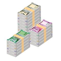 Indian Rupee Vector Illustration. India, Bhutan money set bundle banknotes. Paper money 100, 200, 500, 1000, 2000 INR. Flat style. Isolated on white background. Simple minimal design.