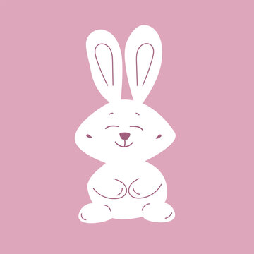 Cute white bunny on a pink background. Image for children's theme, easter theme