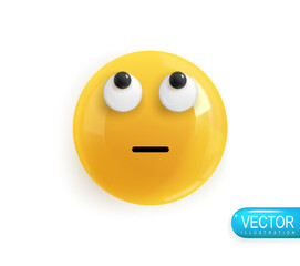 Emoji face looking up. Realistic 3d Icon. Render of yellow glossy color emoji in plastic cartoon style isolated on white background. Vector illustration