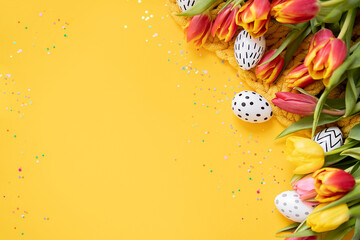 beautiful easter layout with tulips and painted eggs on bright yellow background. top view. copy space. flat lay