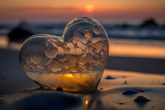 AI Generative, Romantic Honey Moon Travel concept, Transperancy heart with sunset rays refraction in a beach sand