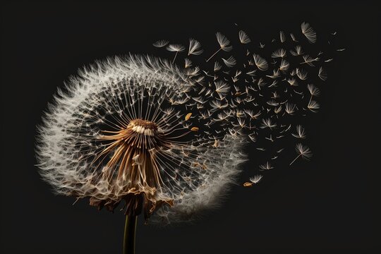 Dandelion with blowing seeds in close-up. Natural and delicate design, spring and summer, growth and renewal, fragility and resilience, wishes and dreams. Generative AI