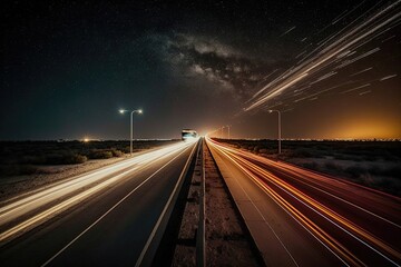 Fototapeta na wymiar A long exposure photo of a highway at night creates an urban and modern design that captures the themes of transportation and infrastructure, speed and movement. AI