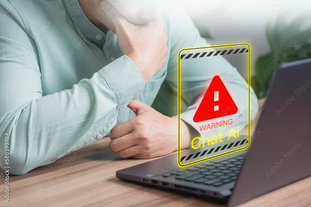 Poster Chat with AI, Artificial Intelligence. Adult man using laptop chatting with a smart AI using an artificial intelligence chatbot with triangle caution warning sign for notification error concept.