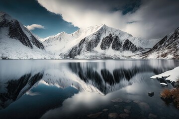 Fototapeta na wymiar Snowy mountains and a serene lake in the foreground. Majestic and picturesque design, winter and alpine scenery, adventure and exploration, peace and serenity. Generative AI