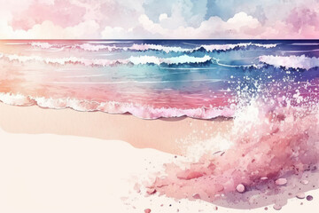 Fototapeta na wymiar Realistic Sea beach background in watercolor style pink pastel color tone. Generative ai.