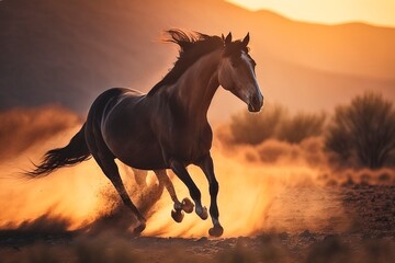 Fototapeta na wymiar Running Horse through Desert with Beautiful Sunset AI Generated