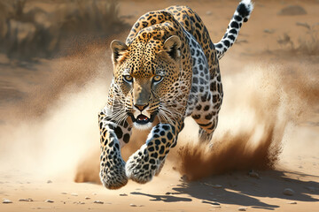 a large leopard running across a dirt field, a photorealistic, generative AI