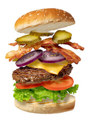 Flying burger on transparent background. png file - obrazy, fototapety, plakaty