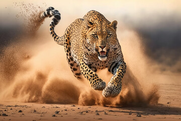 a large leopard running across a dirt field, a photorealistic, generative AI - obrazy, fototapety, plakaty
