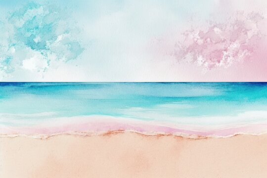 Realistic Sea beach background in watercolor style pink pastel color tone. Generative ai.
