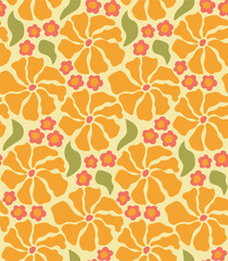 Groovy floral pattern with abstaract yellow daisy flowers in groovy trippy funky style. Curvy psychedelic summer floral decoration.