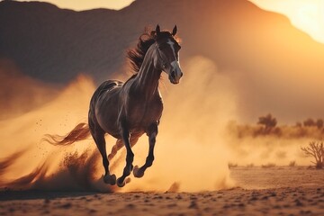 Obraz na płótnie Canvas Running Horse through Desert with Beautiful Sunset AI Generated