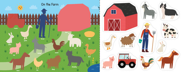 On the farm cut and glue game with cute animals and their names. Educational activity page for kids. Matching game with farm characters. Vector illustration