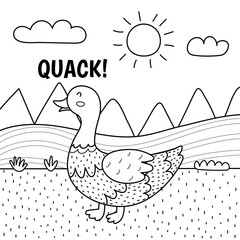 Duck saying quack black and white  print. Cute farm character on a green pasture making a sound. Funny coloring page with animal in cartoon style for kids. Vector illustration