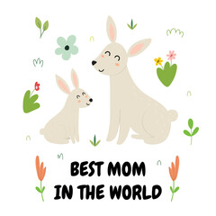 Best mom in the world print with a cute mother rabbit and her baby bunny. Funny animals family card for Mother’s Day. Vector illustration