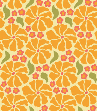 Groovy floral pattern with abstaract yellow daisy flowers in groovy trippy funky style. Curvy psychedelic summer floral decoration.