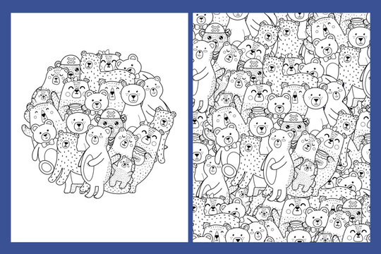 Coloring pages set with cute bears. Doodle forest animals templates for coloring book. Collection with black and white colouring pages for adults and kids. Vector illustration