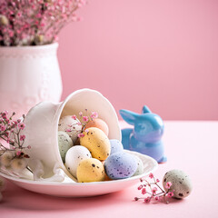 White porcelain coffee cup with colorful quail eggs and spring flowers over pink background. Springtime and Easter holiday concept with copy space