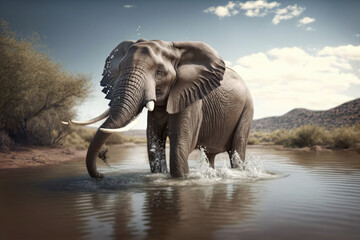 Fototapeta na wymiar an elephant splashing water inside the river, a 3d rendering, photorealism, generative AI